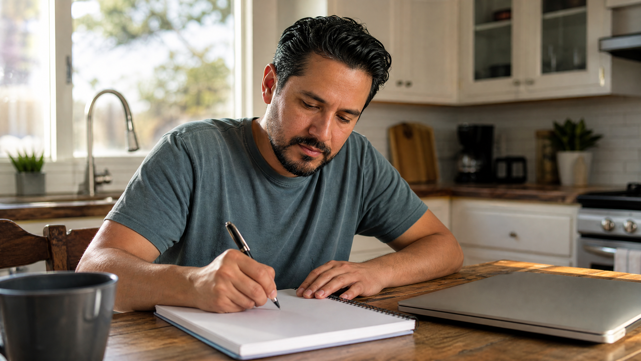 Veteran in his 40s at a kitchen table with a notepad, working through a plan
