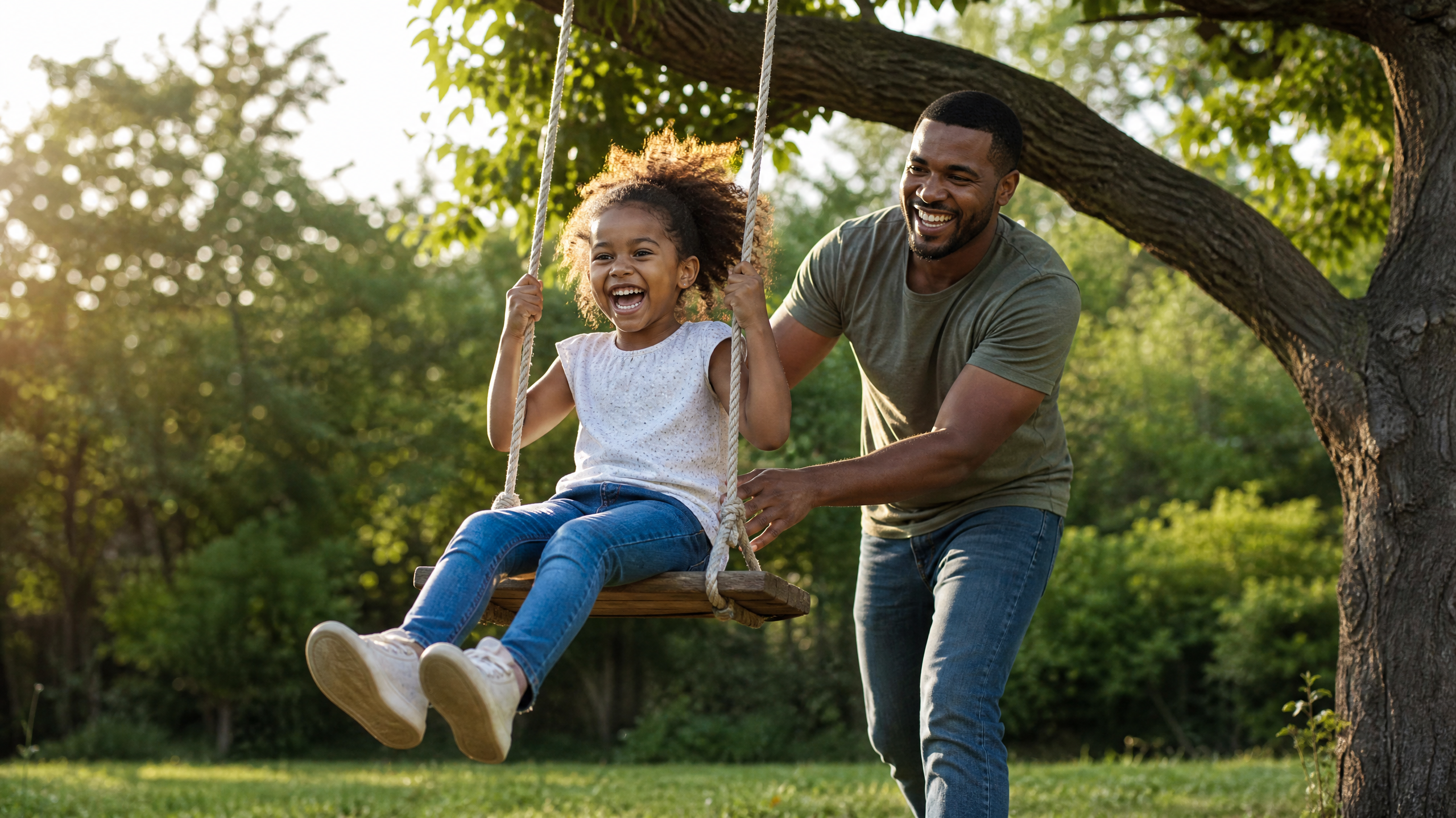 Father in his 30s pushing his young daughter on a backyard swing in the late afternoon