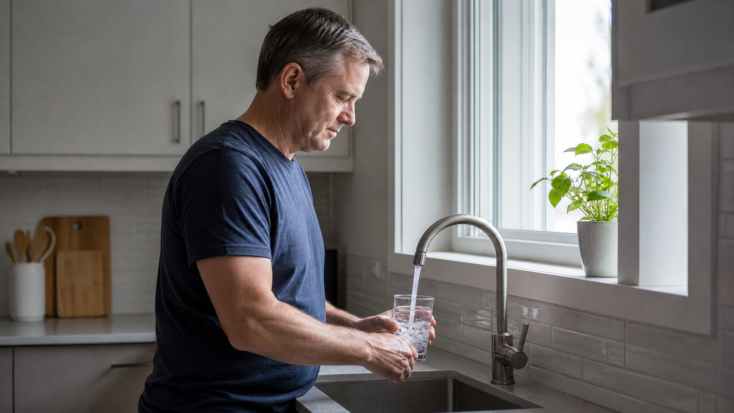 Man in his 50s filling a glass of water at his kitchen sink in early morning light