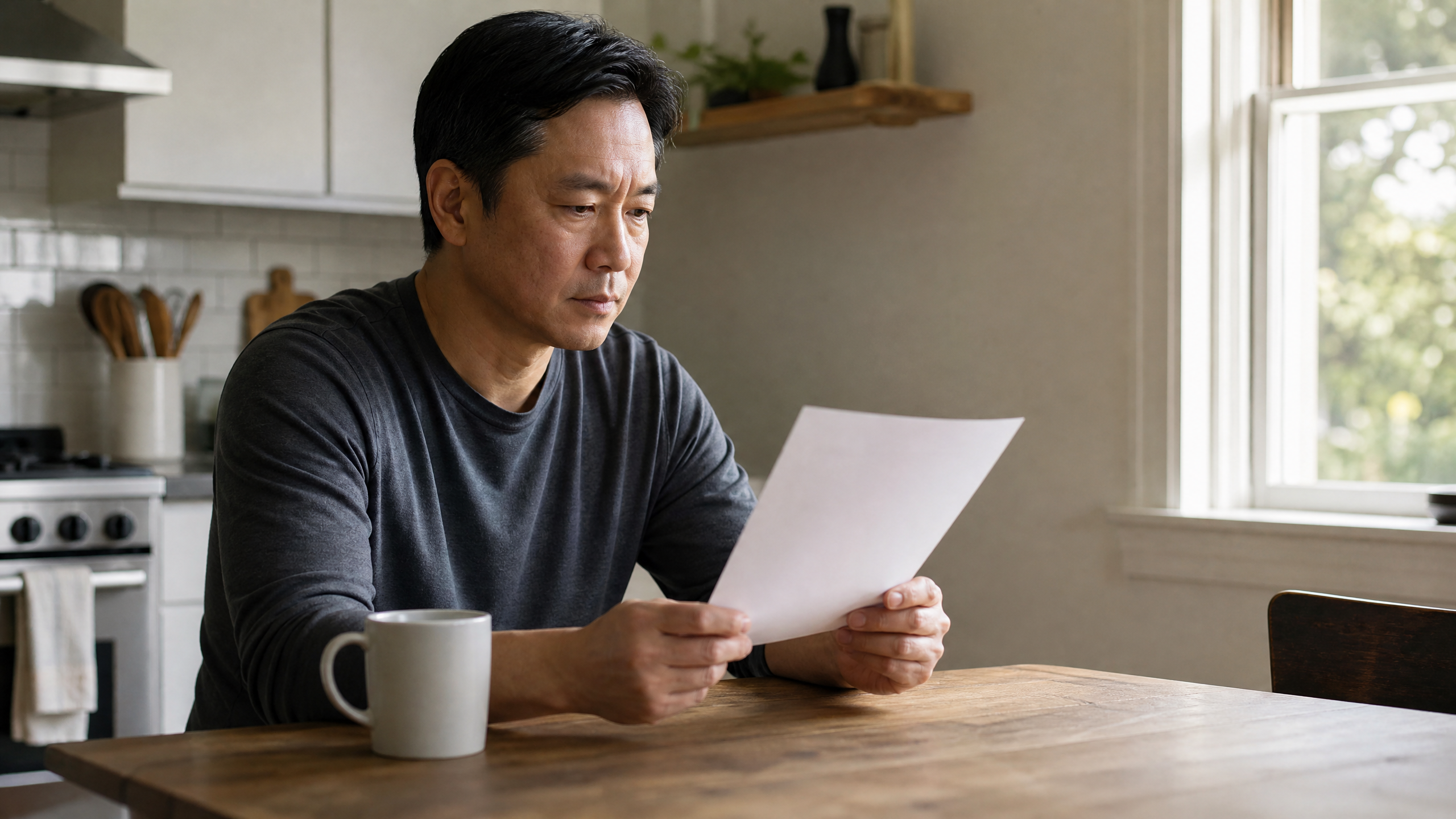 Man in his 40s reading a letter at his kitchen table in the morning, focused rather than upset
