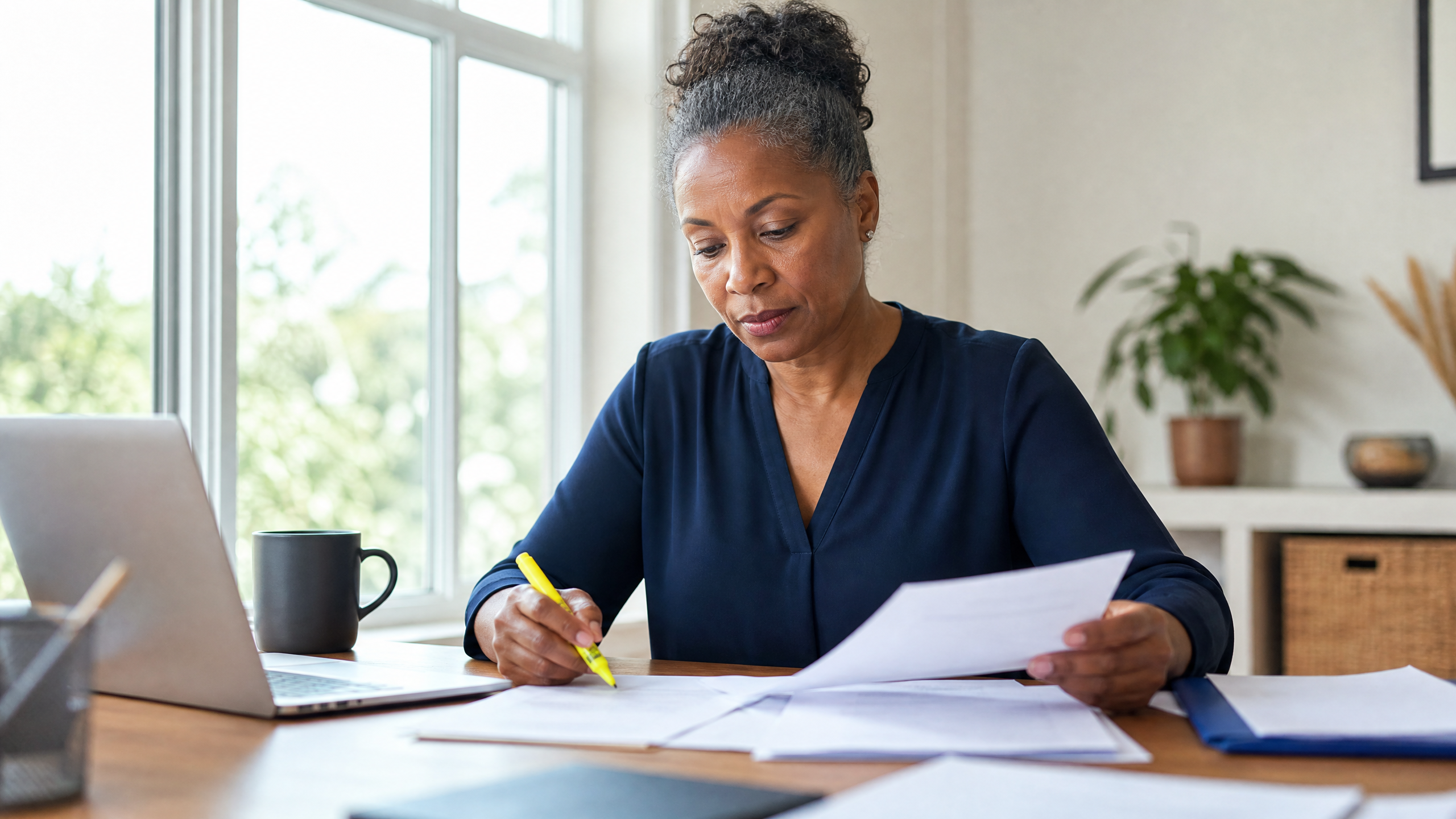 Woman in her 50s at a desk reviewing printed reports with a highlighter, organized and deliberate