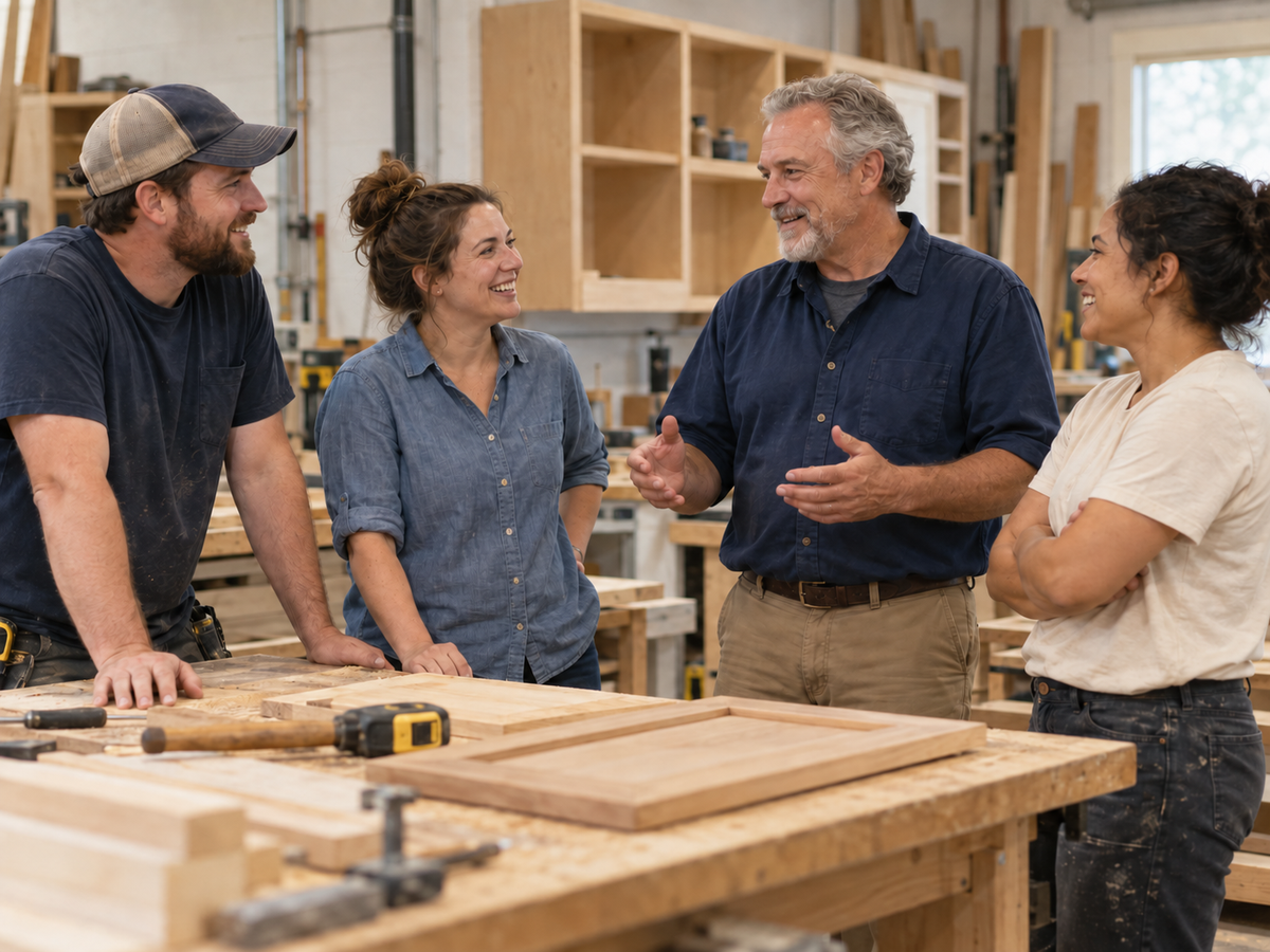 Business owner talking with employees in a workshop