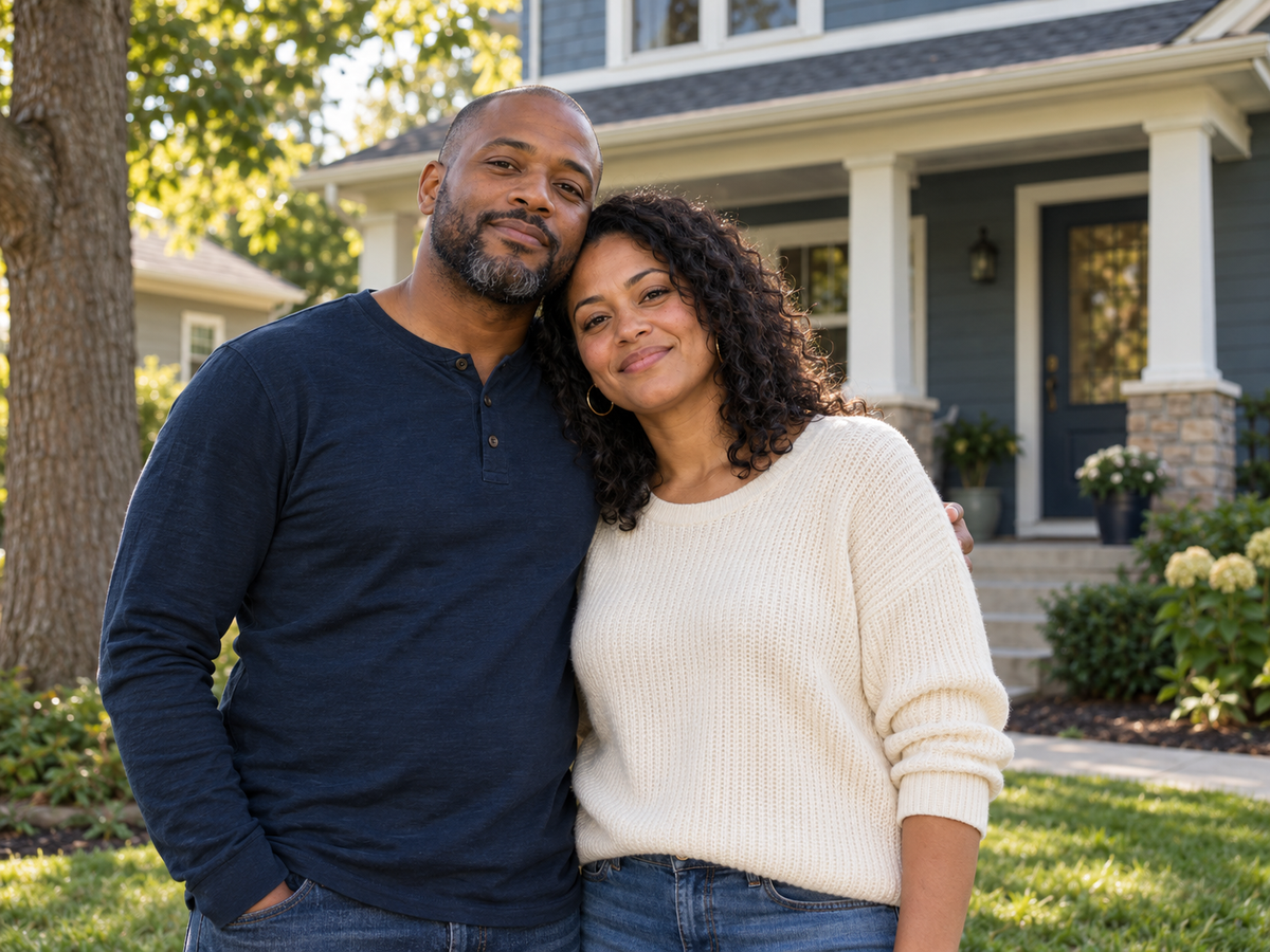 Couple in front of their home