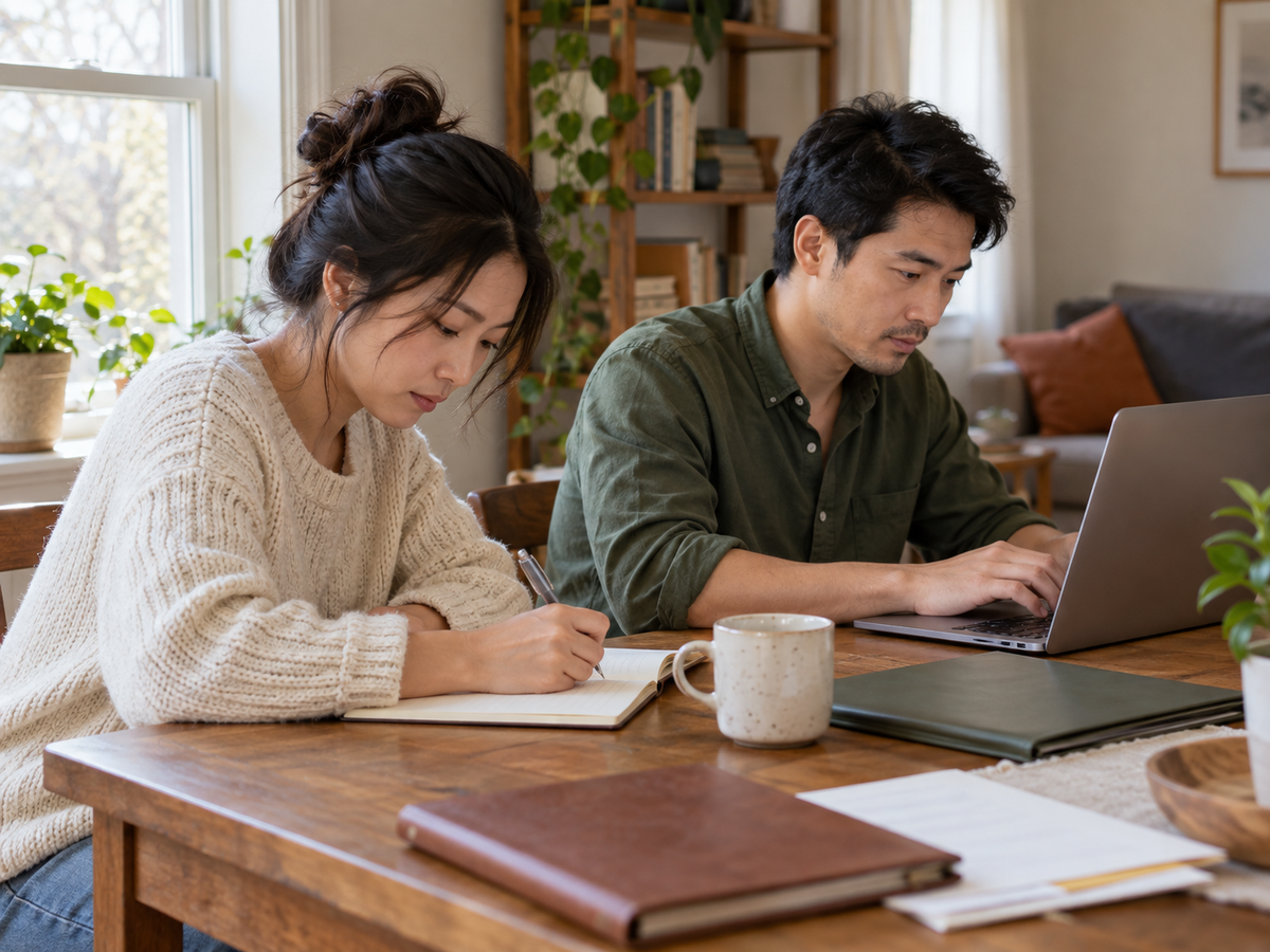 Two people reviewing plans together at a table