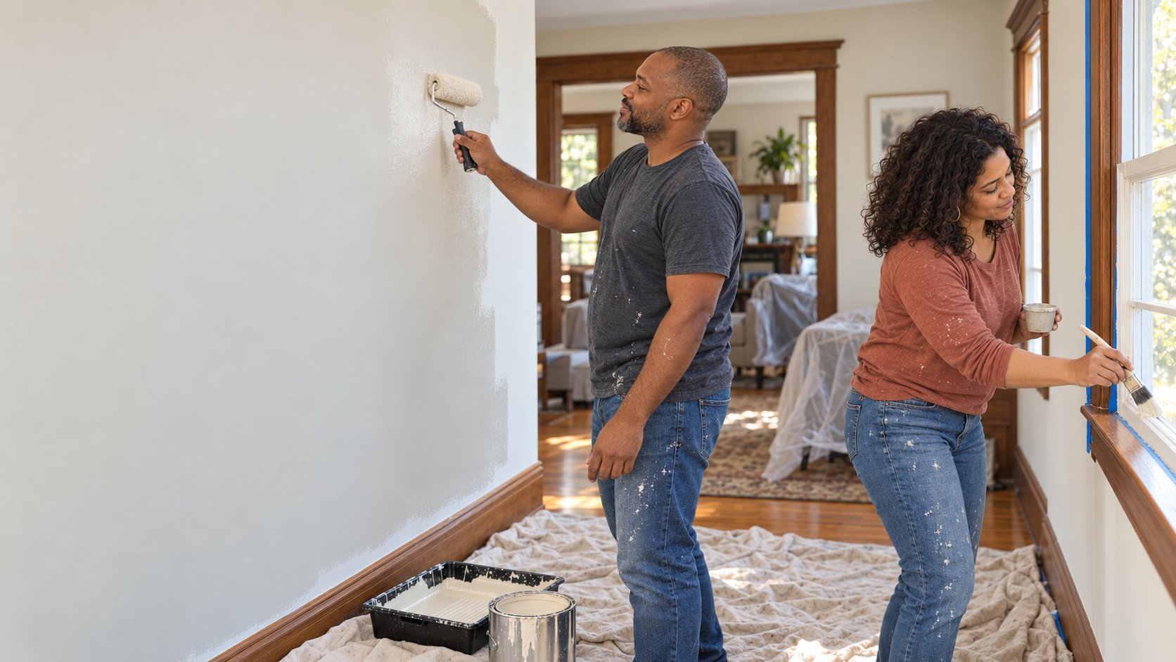 Couple painting their home together