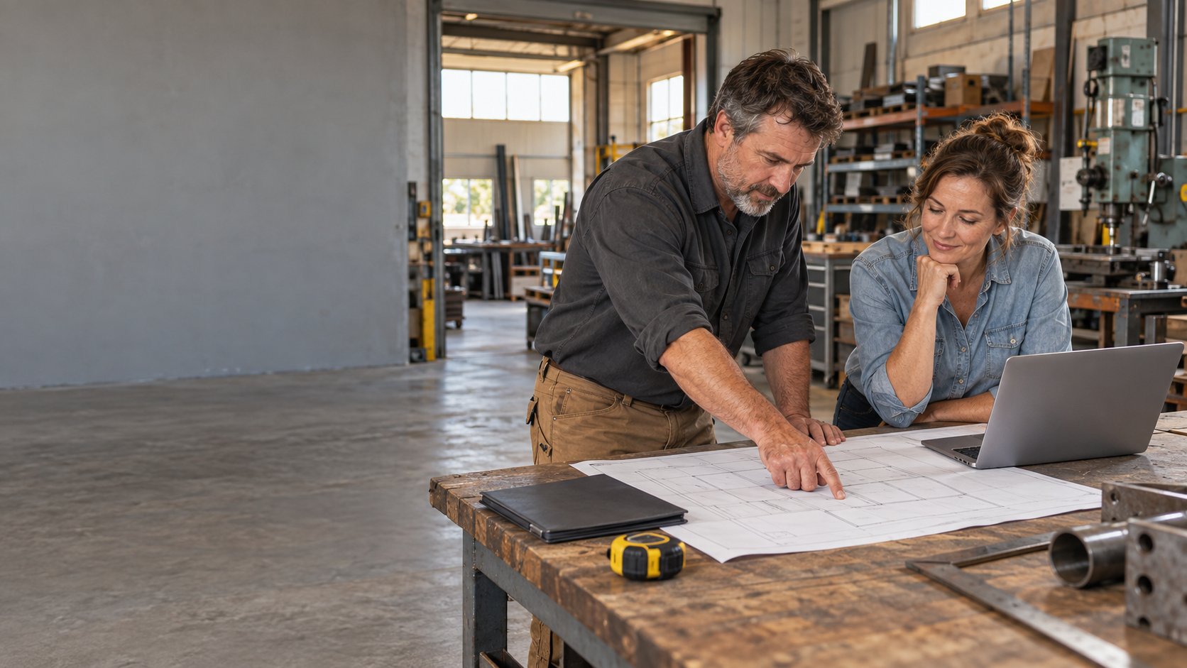 Business owners reviewing plans in their shop
