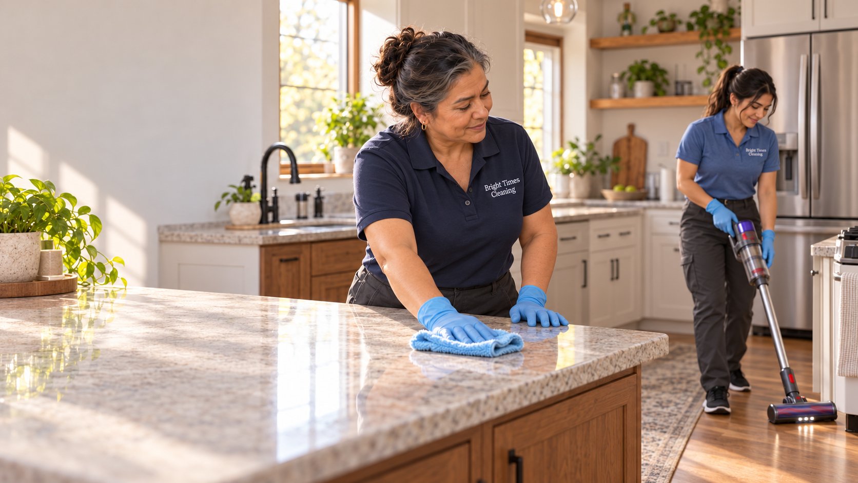 Small business cleaning crew at work in a client's kitchen