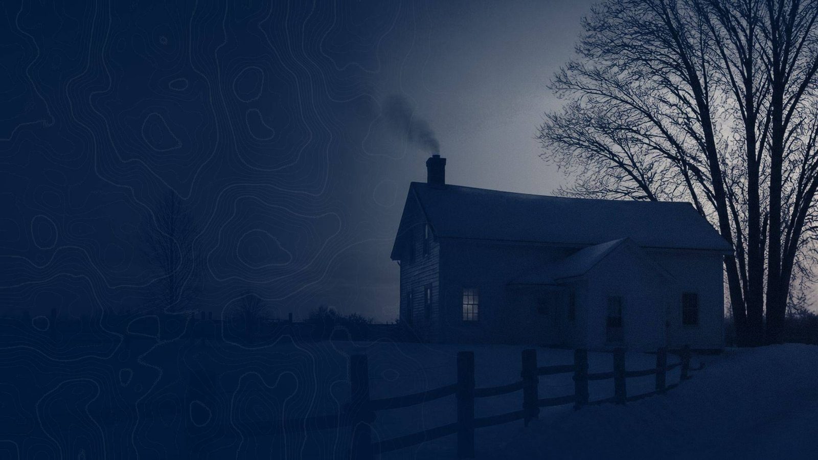 A farmhouse at dusk in winter, smoke rising from the chimney