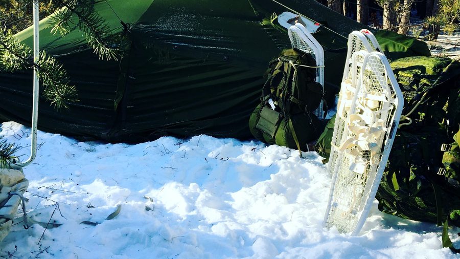 A snowshoe camp in the winter bush