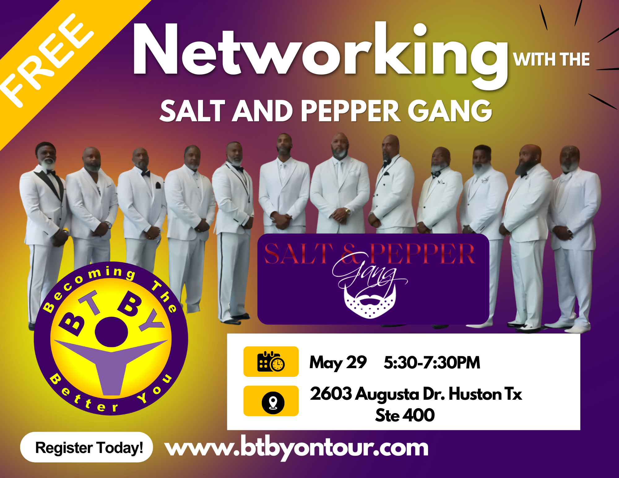 Networking with the Salt and Pepper Gang, Friday May 29 from 5:30 to 7:30 PM at 2603 Augusta Dr. Ste 400 Houston TX