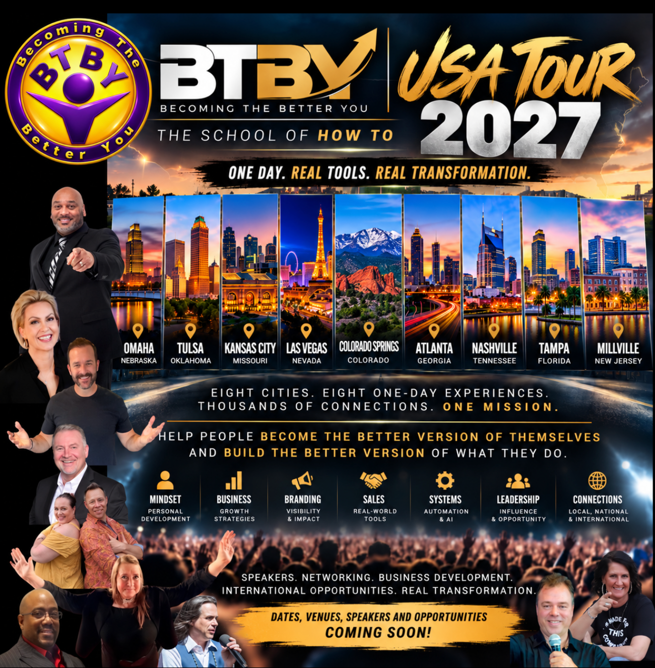 BTBY On Tour 2027 School of How To tour announcement featuring nine cities