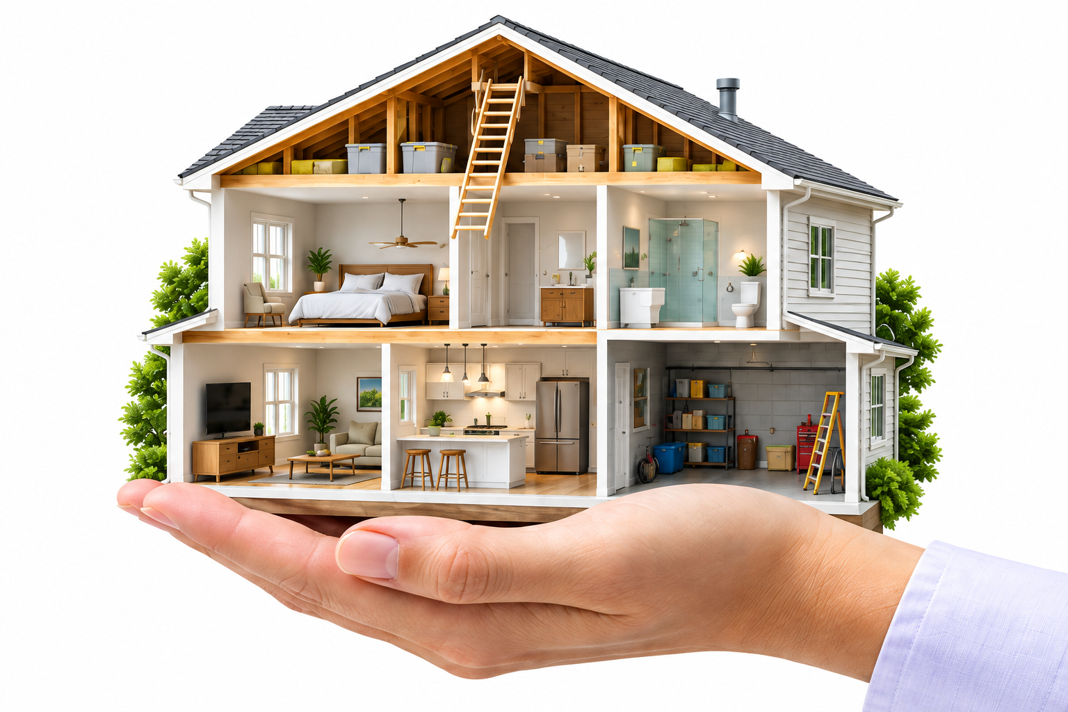 A cutaway home held in a hand, showing interior rooms, attic and storage areas