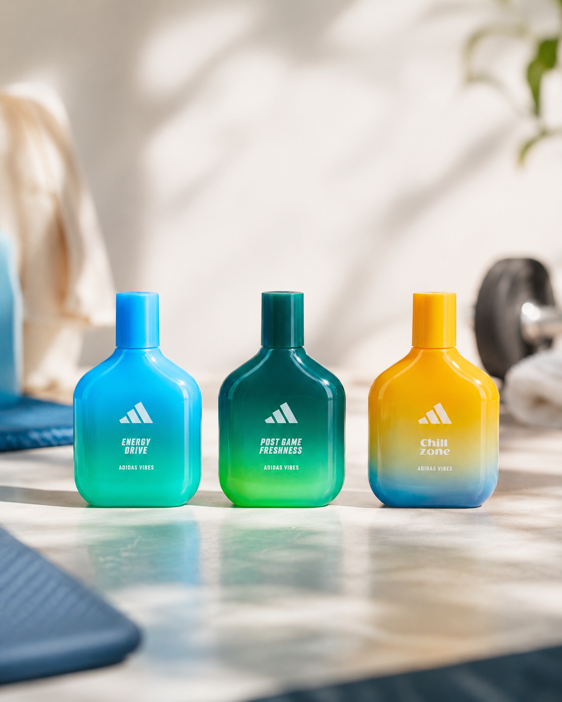 The Adidas Vibes range — three fragrances side by side