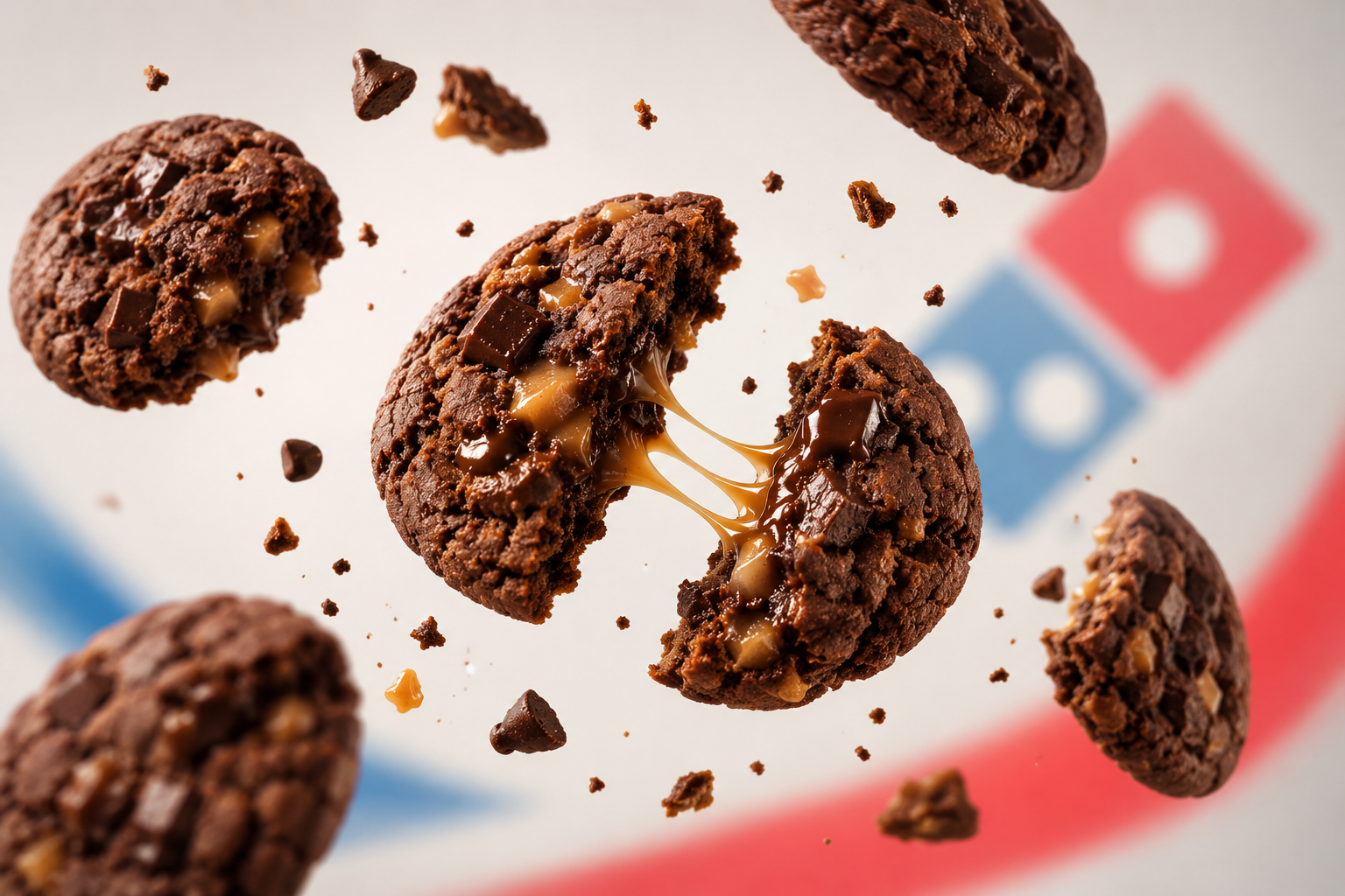 Domino’s cookies mid-air with a caramel pull