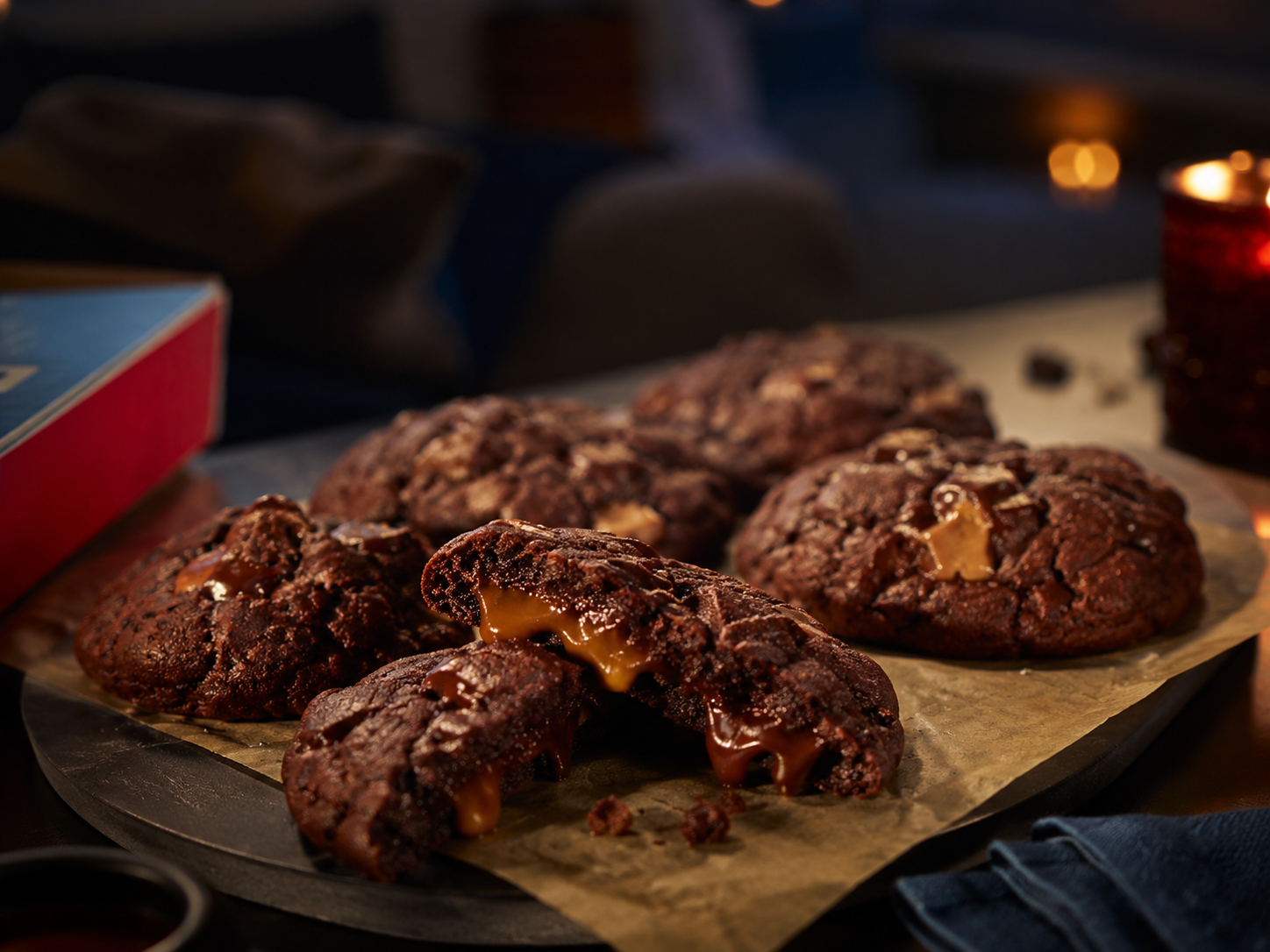 Domino’s cookies styled for a cosy late-night moment