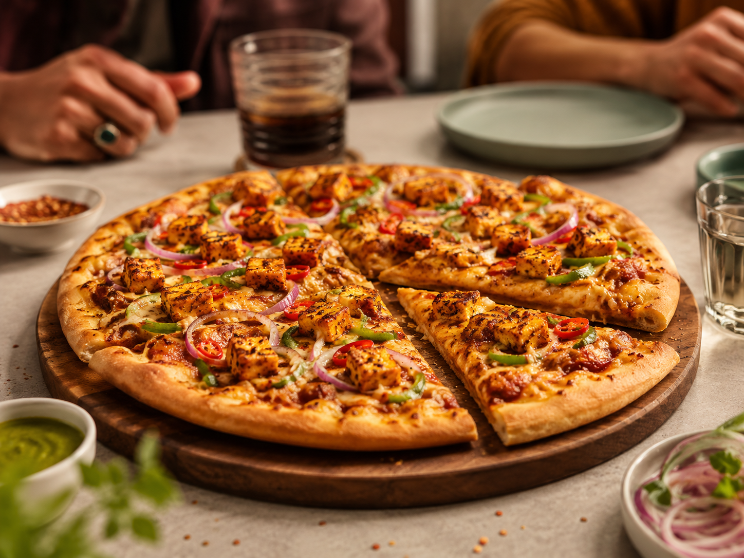 Domino’s Indian range pizza shared at a table