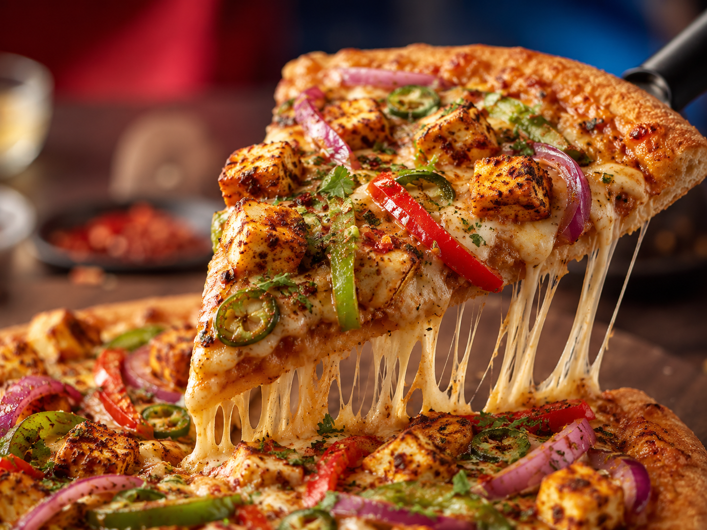 Close-up of a Domino’s Indian range pizza slice with a cheese pull