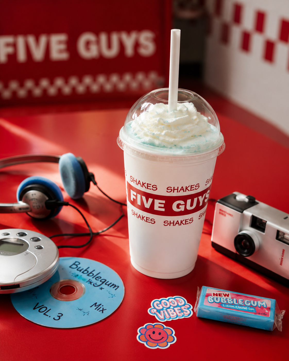 Pale blue Bubblegum Shake styled with nostalgic creator event props