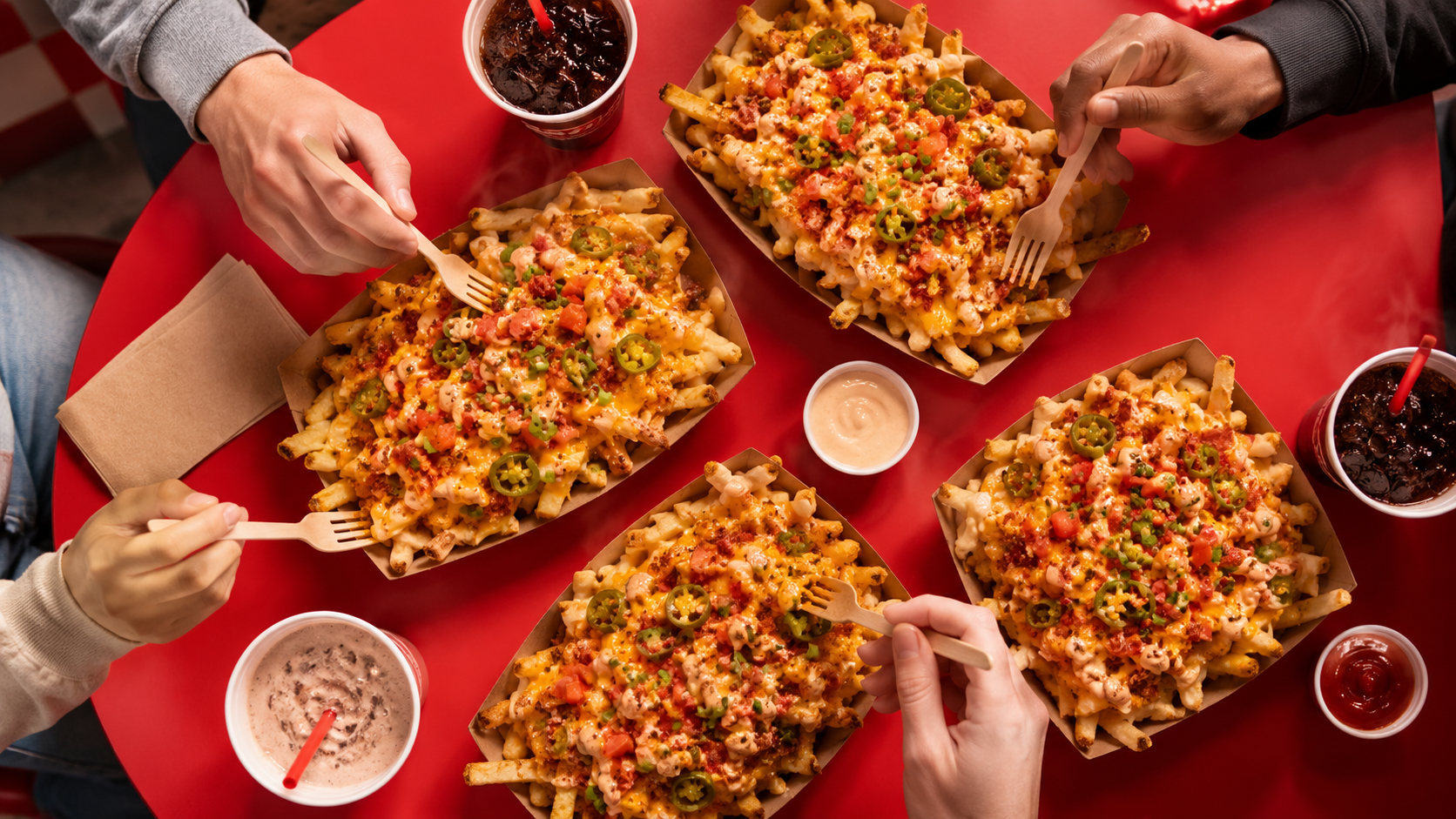 Loaded Fries sharing scene with drinks and sauces