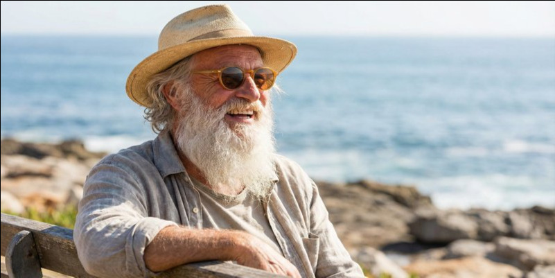 A distinguished older man with a long white beard enjoys retirement freedom by the water, embodying the lifestyle that comes from learning how to retire sooner.