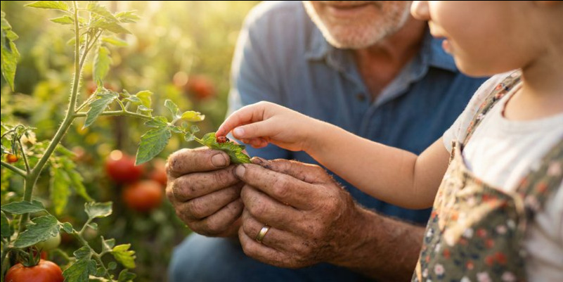 A grandfather who retired early shares a moment with his granddaughter in the garden, a benefit of a successful retirement income strategy.