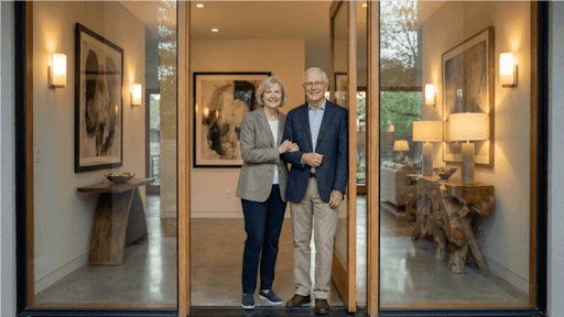 A high net worth couple standing in the doorway of their beautiful home, representing estate planning success