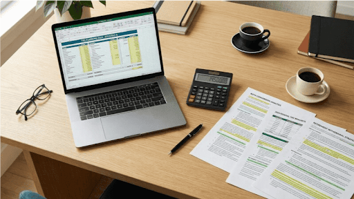 Overhead view of a retirement tax planning session with spreadsheets, calculator, and documents showing Roth conversion strategies