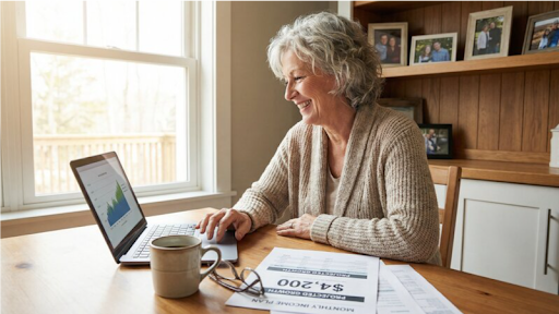 A confident senior woman reviewing her guaranteed retirement income plan at home with peace of mind A confident senior woman reviewing her guaranteed retirement income plan at home with peace of mind