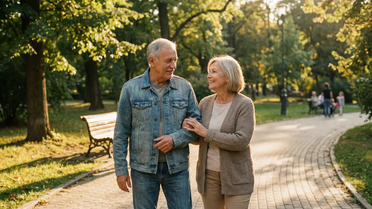 A retired couple walking peacefully in a park, unbothered by market volatility
