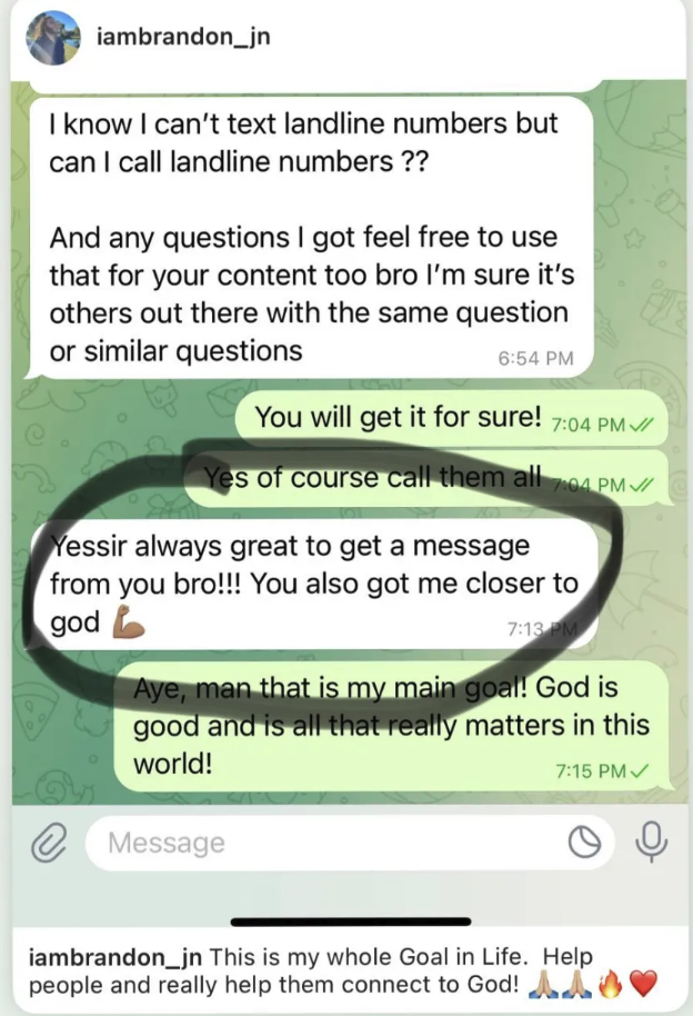 Student message saying Brandon helped him get closer to God