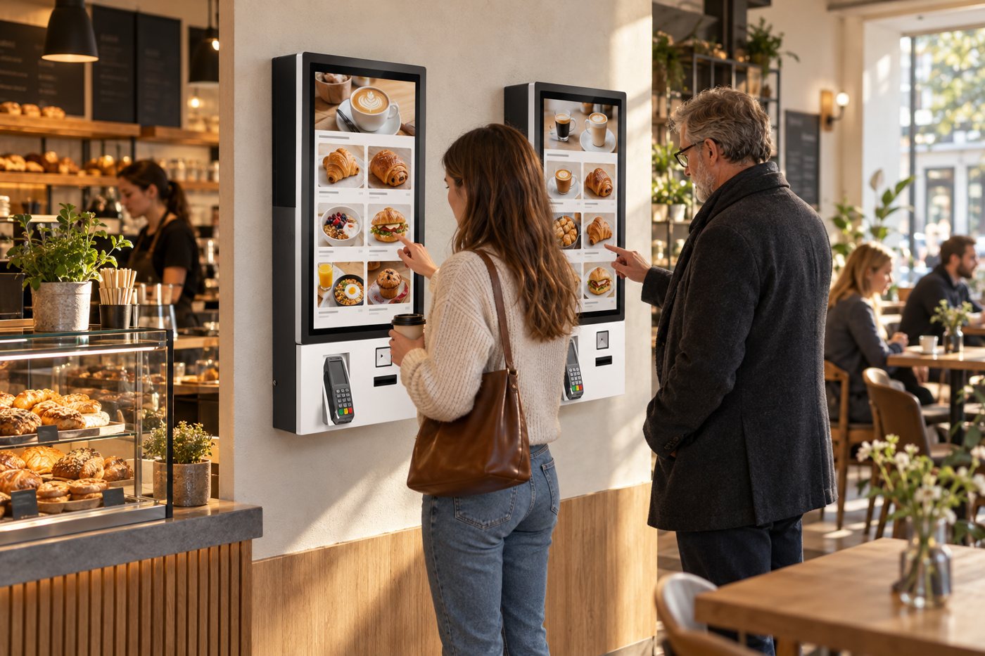 Gäste bestellen am ORDER TERMINAL Wandgerät in einem Bistro