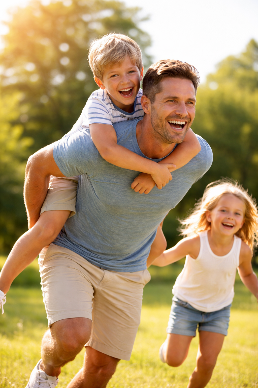 Healthy happy father playing with his kids