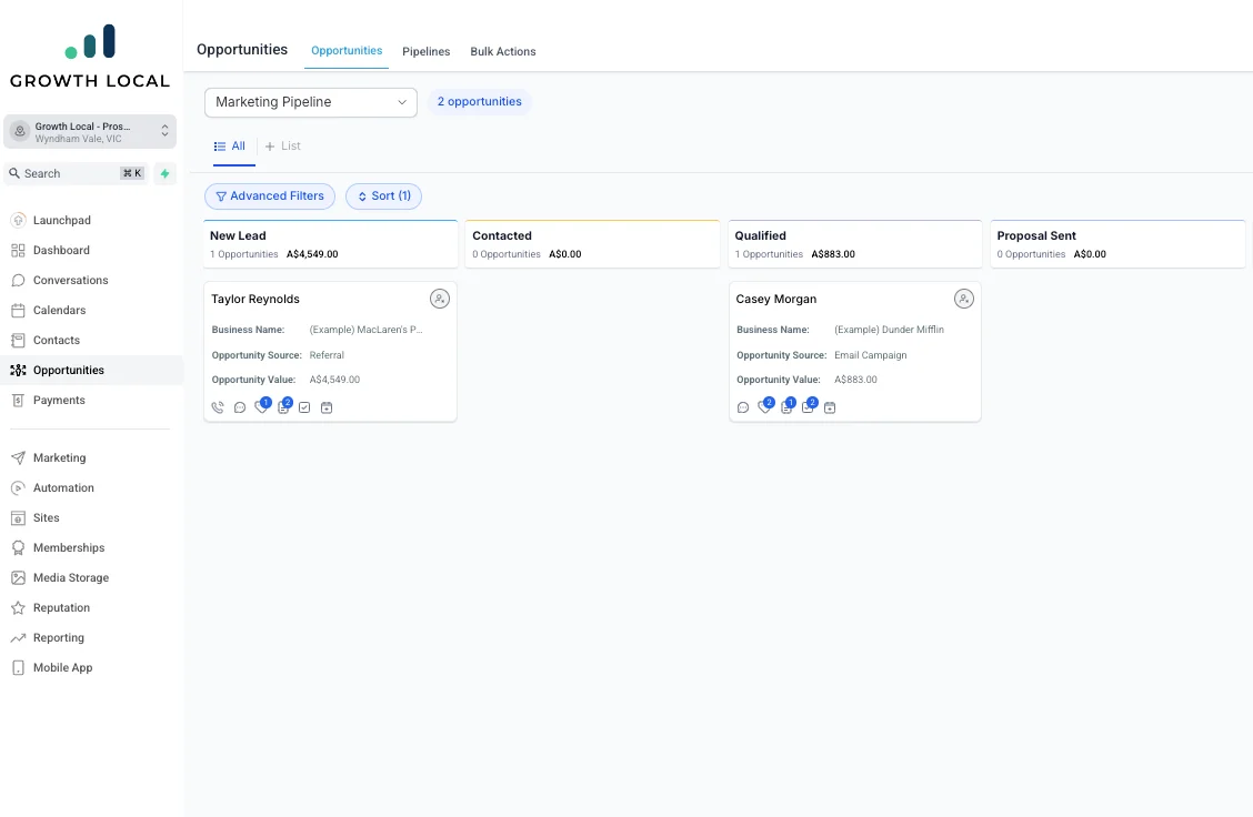 ServiceM8 job management dashboard for Growth Local showing quote creation and workflow automation