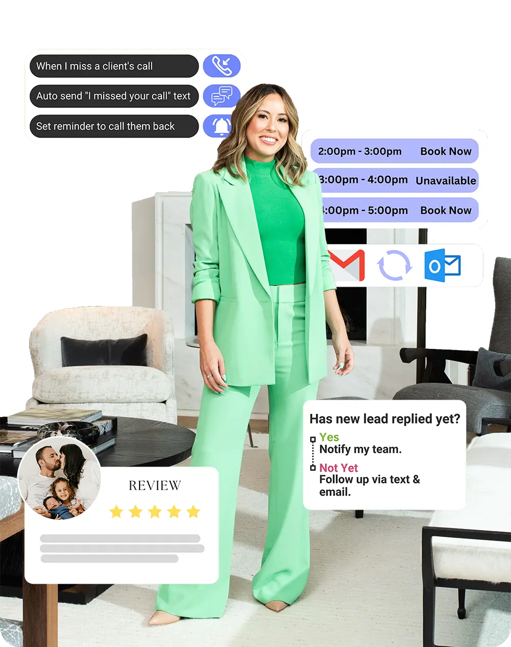 CRM dashboard showing marketing automation, missed call text back, appointment booking and lead management for small business