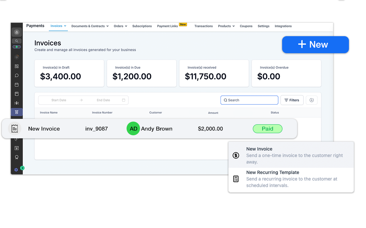 CRM invoice dashboard showing client billing, payment status and revenue tracking