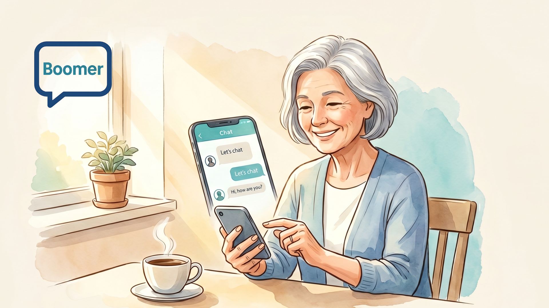 An older adult smiling while using Boomer AI on a phone