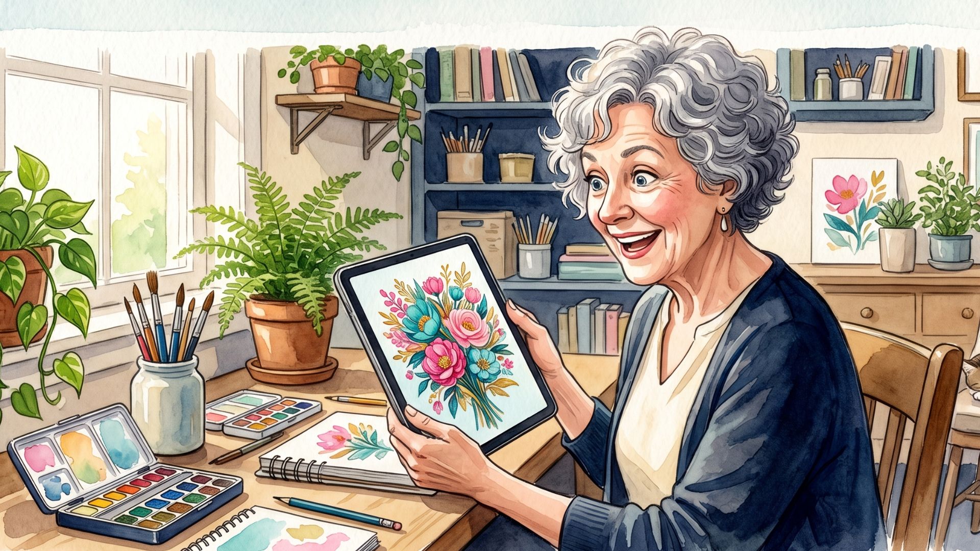 An older adult delighted by art they created with Boomer AI
