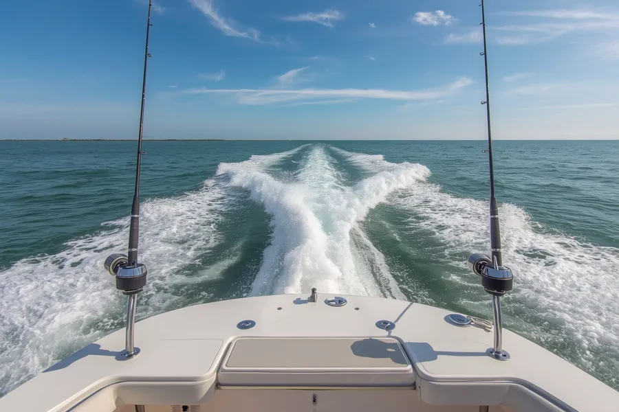Cockpit POV from RingMaster with trolling spread and bright teal wake during a half-day charter