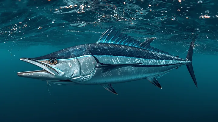 Wahoo side profile with electric blue tiger stripes