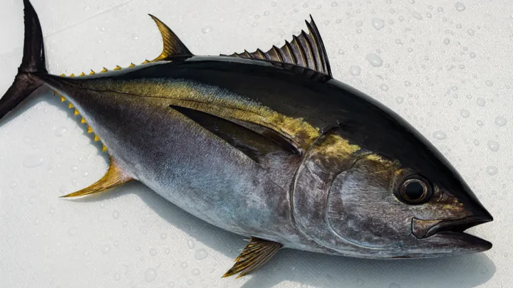 Blackfin tuna close-up with bronze-purple sheen and yellow finlets