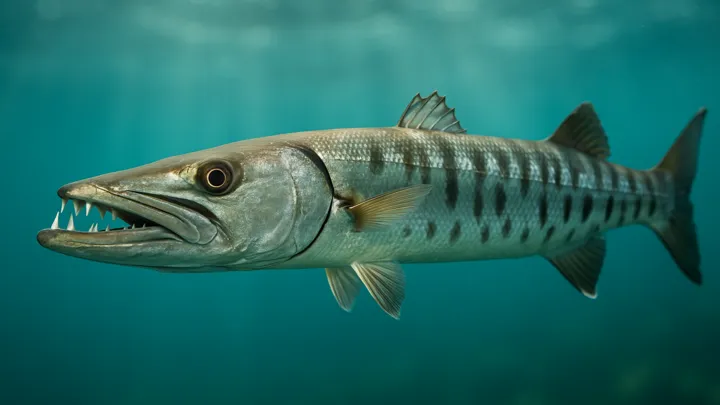 Great barracuda side profile showing long body and teeth