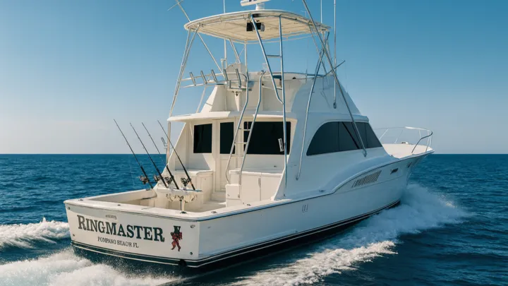 Wide cockpit with three fighting chairs and trolling spread on RingMaster during a full-day offshore run