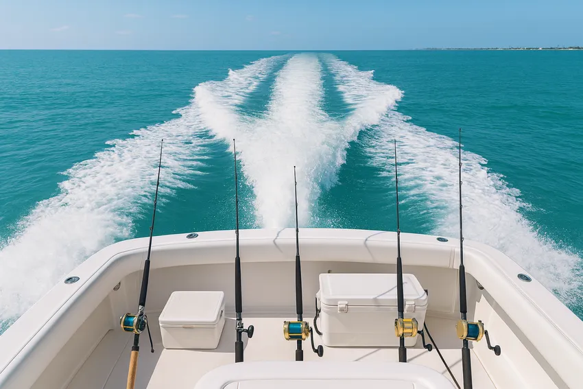 Cockpit POV from RingMaster with trolling spread and bright teal wake during a half-day charter