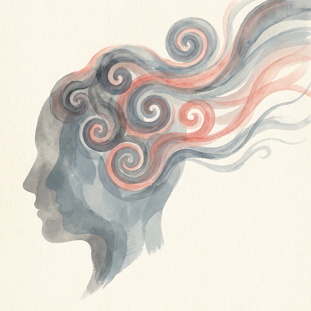 Abstract artistic illustration of a human head in profile, with soft swirling thought spirals emanating from the mind in muted tones of gray, dusty blue, and soft coral. The spirals transition from tight, tangled loops near the head to more open, dispersing wisps as they move outward. Soft textured background like watercolor on cream paper. Calm, editorial, modern wellness illustration style. No text. Abstract artistic illustration of a human head in profile, with soft swirling thought spirals emanating from the mind in muted tones of gray, dusty blue, and soft coral. The spirals transition from tight, tangled loops near the head to more open, dispersing wisps as they move outward. Soft textured background like watercolor on cream paper. Calm, editorial, modern wellness illustration style. No text.