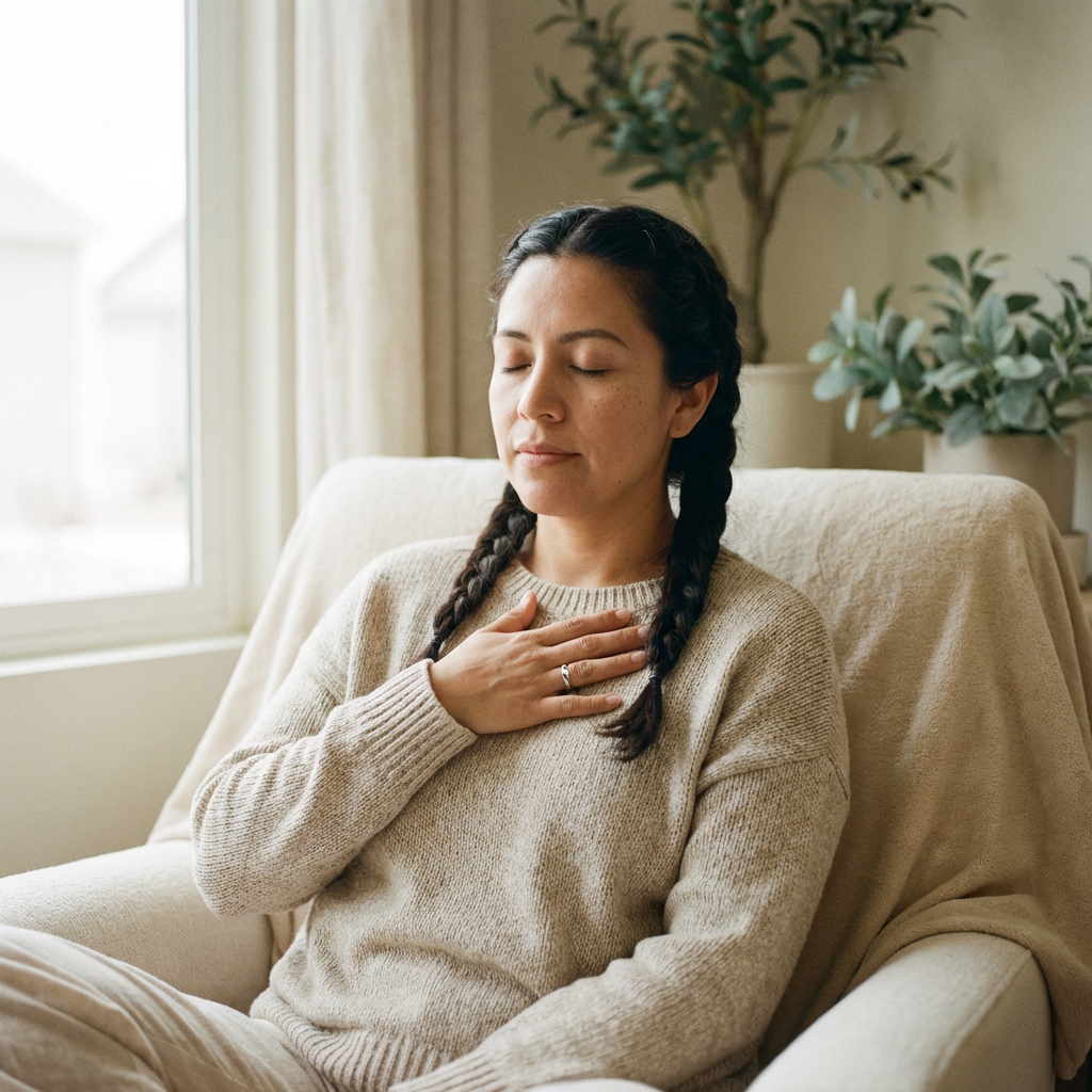 A soft, editorial-style photorealistic image of a woman sitting in a calm, neutral-toned room with her hand gently resting on her chest and her eyes closed. She is wearing a simple, cozy earth-toned sweater. Soft natural window light falls across her face. The mood is grounding, self-aware, and peaceful. Warm muted color palette—cream, sand, sage. Shallow depth of field, lifestyle wellness photography. A soft, editorial-style photorealistic image of a woman sitting in a calm, neutral-toned room with her hand gently resting on her chest and her eyes closed. She is wearing a simple, cozy earth-toned sweater. Soft natural window light falls across her face. The mood is grounding, self-aware, and peaceful. Warm muted color palette—cream, sand, sage. Shallow depth of field, lifestyle wellness photography.