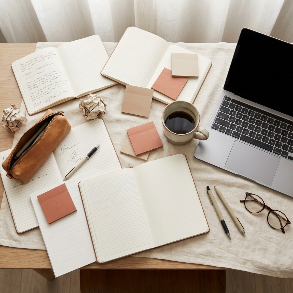 A flat-lay overhead shot of a cluttered desk with multiple open notebooks, scattered sticky notes, crumpled paper, an untouched cup of coffee gone cold, and a laptop with a blank screen. The color palette is warm neutrals: cream, tan, soft white, with pops of muted terracotta. The mood conveys mental overwhelm and stalled action. Styled editorial photography, soft natural lighting, modern minimalist aesthetic. A flat-lay overhead shot of a cluttered desk with multiple open notebooks, scattered sticky notes, crumpled paper, an untouched cup of coffee gone cold, and a laptop with a blank screen. The color palette is warm neutrals: cream, tan, soft white, with pops of muted terracotta. The mood conveys mental overwhelm and stalled action. Styled editorial photography, soft natural lighting, modern minimalist aesthetic.