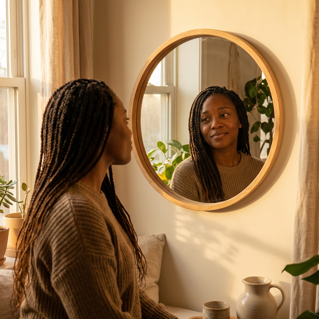 A warm, softly lit photorealistic portrait of a woman looking at herself in a mirror with a gentle, compassionate expression. The mirror is simple and round, mounted on a light neutral wall. She has a soft half-smile. The lighting is warm golden hour glow from a nearby window. Earth-tone color palette. The mood is self-acceptance, tenderness, and quiet strength. Editorial wellness photography style. A warm, softly lit photorealistic portrait of a woman looking at herself in a mirror with a gentle, compassionate expression. The mirror is simple and round, mounted on a light neutral wall. She has a soft half-smile. The lighting is warm golden hour glow from a nearby window. Earth-tone color palette. The mood is self-acceptance, tenderness, and quiet strength. Editorial wellness photography style.