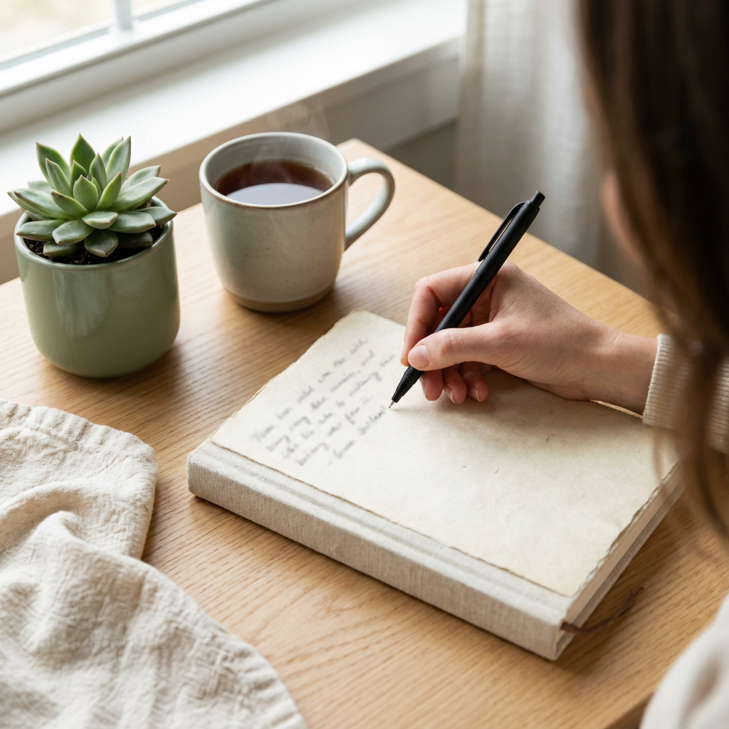A close-up photorealistic image of a woman's hand writing in a clean, linen-covered journal with a simple black pen. The page shows a few handwritten lines (blurred, unreadable). A small plant and a warm cup of tea sit nearby on a light wood table. Soft diffused natural light. The color palette is warm whites, sage green, soft cream, and natural wood tones. The mood is calm, intentional, and therapeutic. Styled lifestyle wellness photography. A close-up photorealistic image of a woman's hand writing in a clean, linen-covered journal with a simple black pen. The page shows a few handwritten lines (blurred, unreadable). A small plant and a warm cup of tea sit nearby on a light wood table. Soft diffused natural light. The color palette is warm whites, sage green, soft cream, and natural wood tones. The mood is calm, intentional, and therapeutic. Styled lifestyle wellness photography.