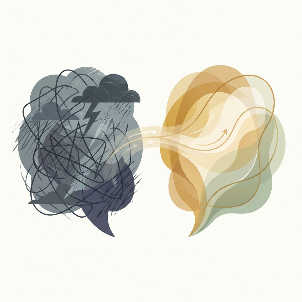 An abstract minimalist illustration showing two thought bubbles side by side. The left bubble is dark, tangled, and stormy in muted gray-blue tones with jagged edges. The right bubble is open, light, and clear in warm golden and soft sage tones with smooth, flowing lines. A subtle arrow or bridge connects the two. Clean white or cream background. Modern editorial illustration style, no text, flat design with subtle texture. An abstract minimalist illustration showing two thought bubbles side by side. The left bubble is dark, tangled, and stormy in muted gray-blue tones with jagged edges. The right bubble is open, light, and clear in warm golden and soft sage tones with smooth, flowing lines. A subtle arrow or bridge connects the two. Clean white or cream background. Modern editorial illustration style, no text, flat design with subtle texture.