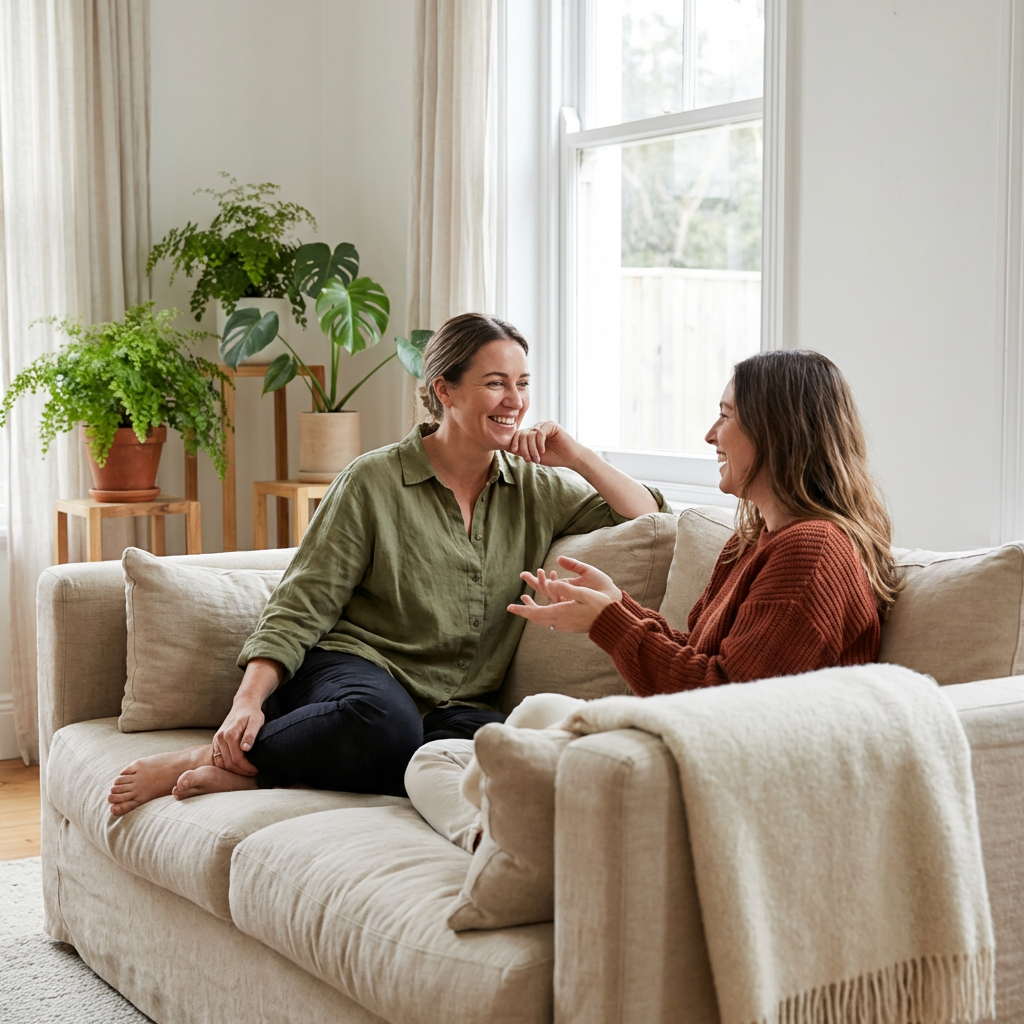 A photorealistic image of two women sitting together in a bright, airy room on a comfortable neutral-toned sofa, having a warm, engaged conversation. One is leaning in slightly, listening. Both are dressed in simple, modern, earth-toned clothing. A soft throw blanket and a few green plants are in the background. The mood is supportive, connected, and safe. Natural light, warm neutral color palette. Lifestyle editorial wellness photography. A photorealistic image of two women sitting together in a bright, airy room on a comfortable neutral-toned sofa, having a warm, engaged conversation. One is leaning in slightly, listening. Both are dressed in simple, modern, earth-toned clothing. A soft throw blanket and a few green plants are in the background. The mood is supportive, connected, and safe. Natural light, warm neutral color palette. Lifestyle editorial wellness photography.